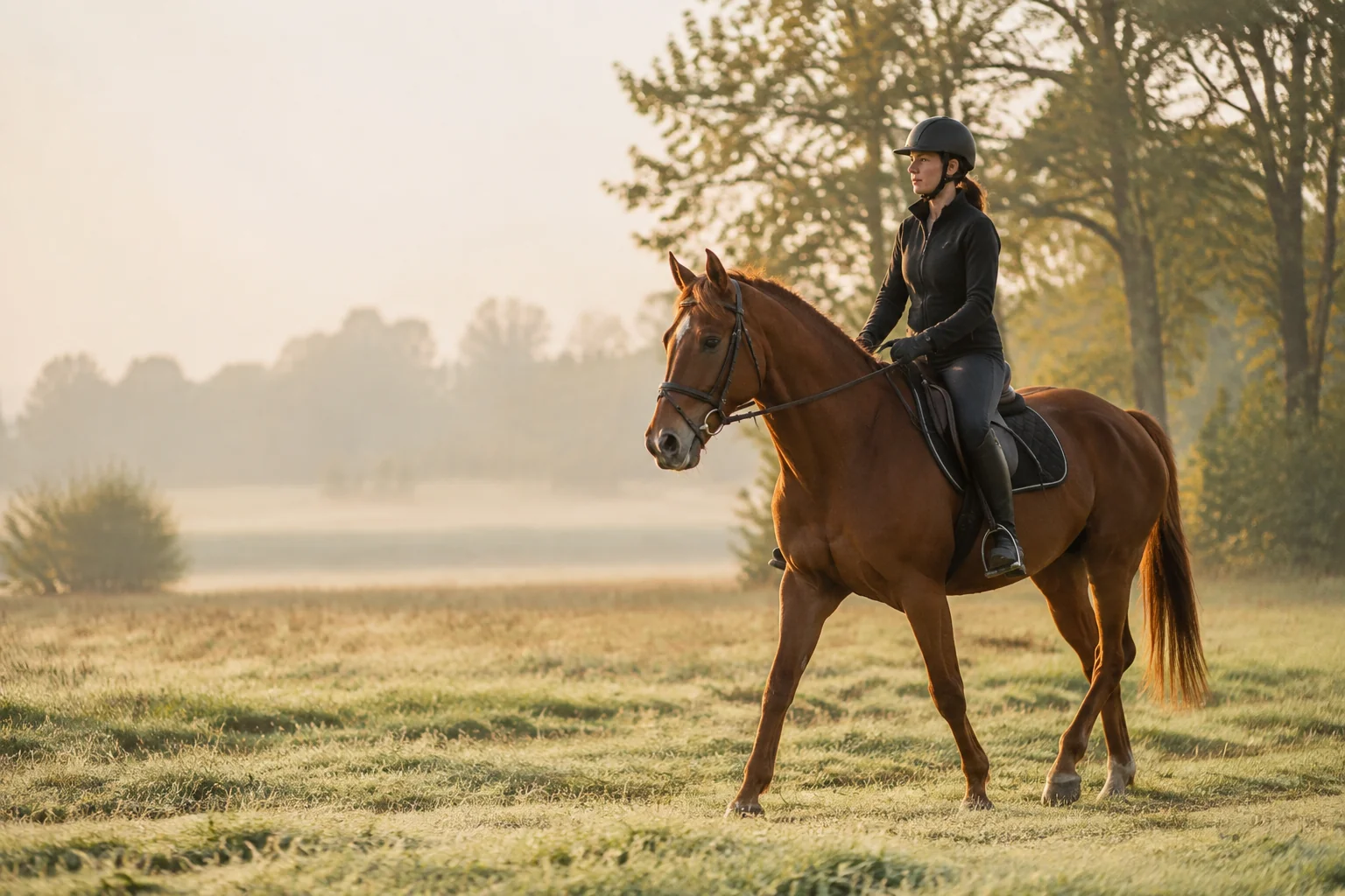 Cavalière casquée sur un cheval alezan, en extérieur